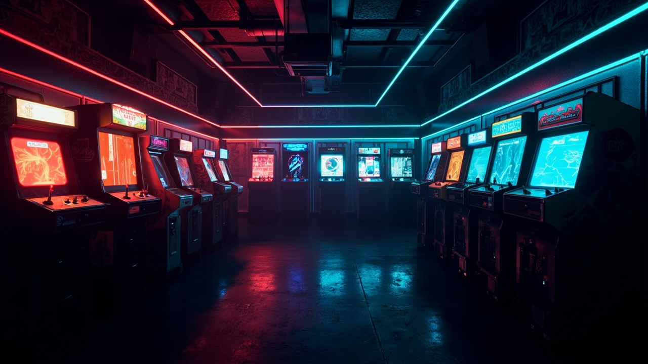 Illustration of a neon-lit retro arcade interior