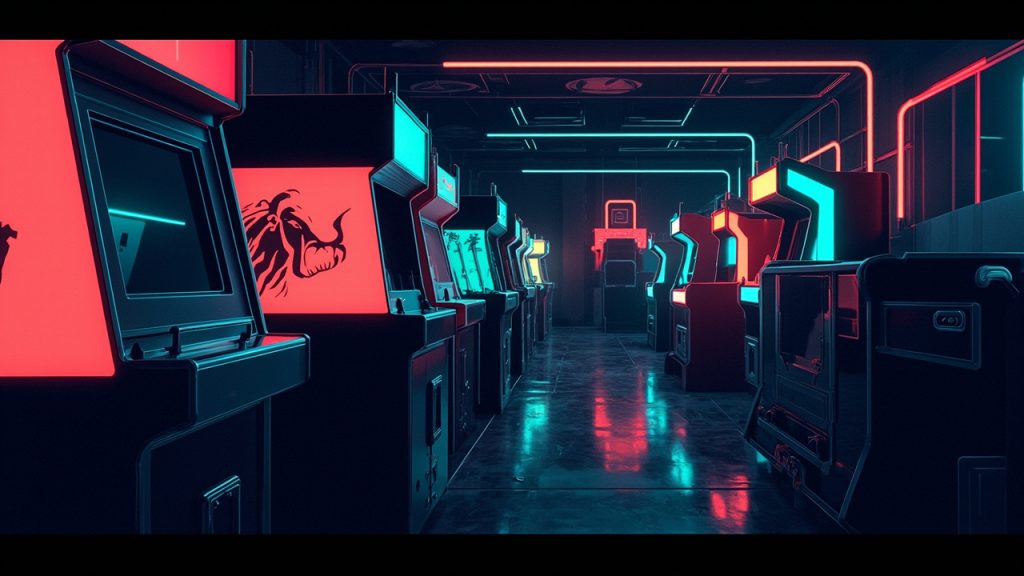 Illustration of a neon-lit retro arcade interior