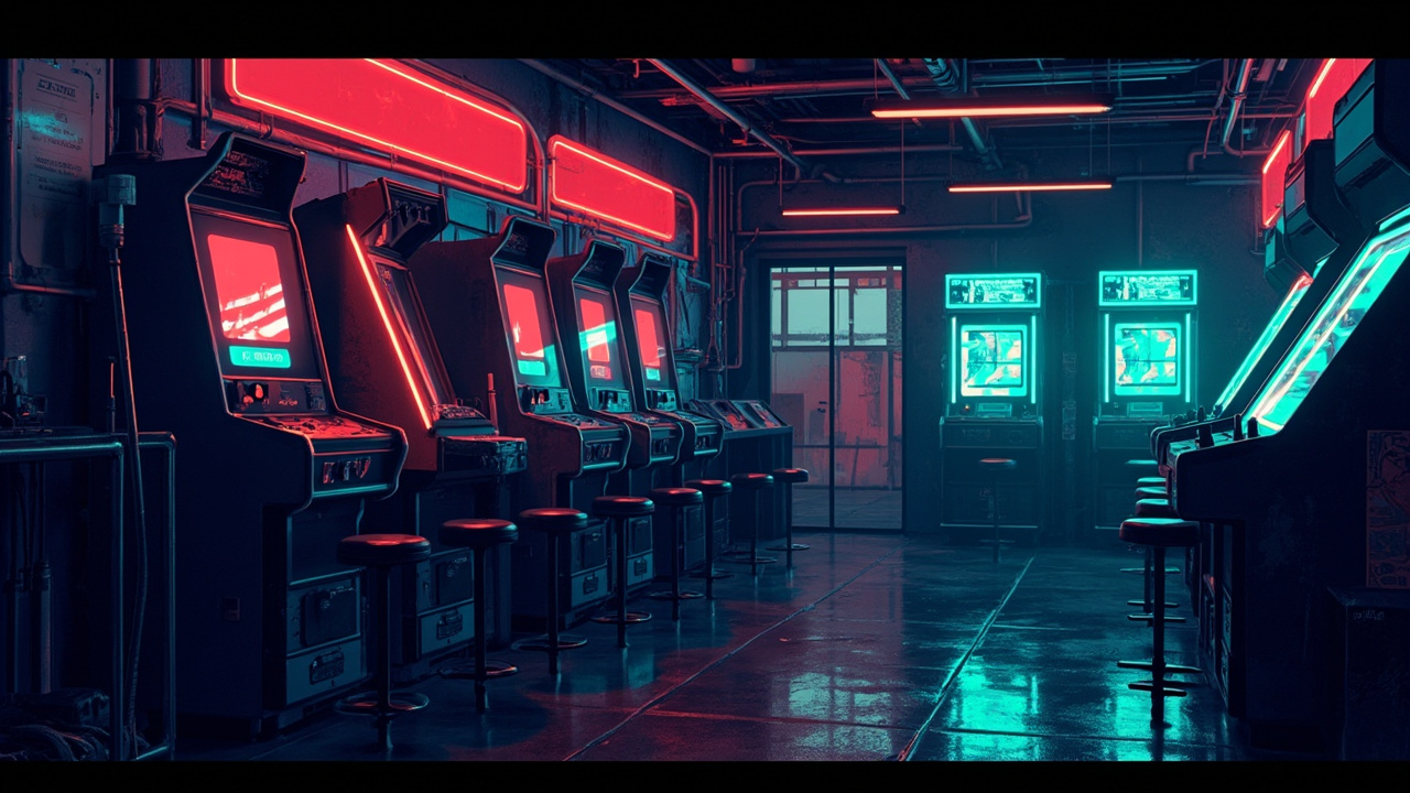 Illustration of a neon-lit retro arcade interior