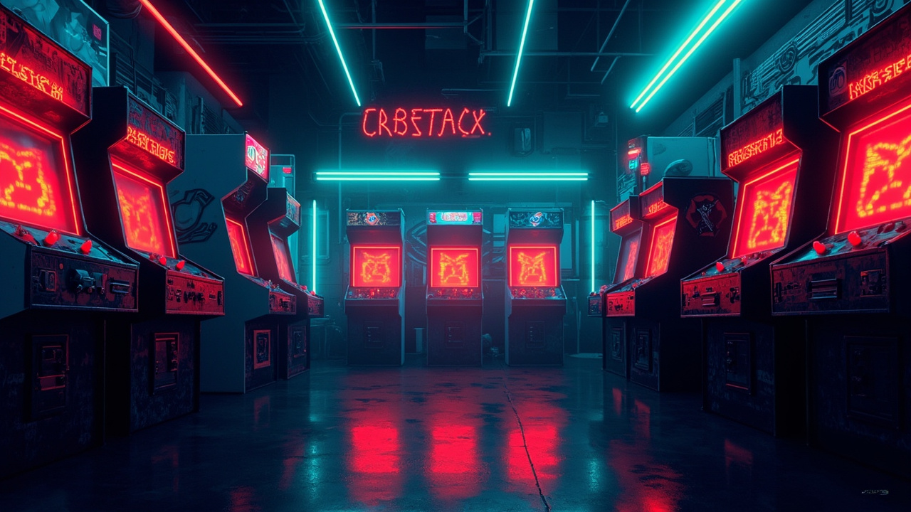 Illustration of a neon-lit retro arcade interior