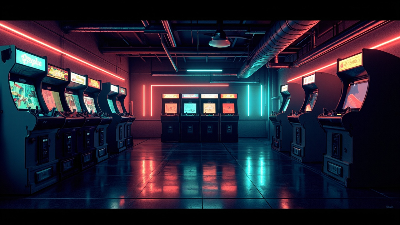 Illustration of a neon-lit retro arcade interior