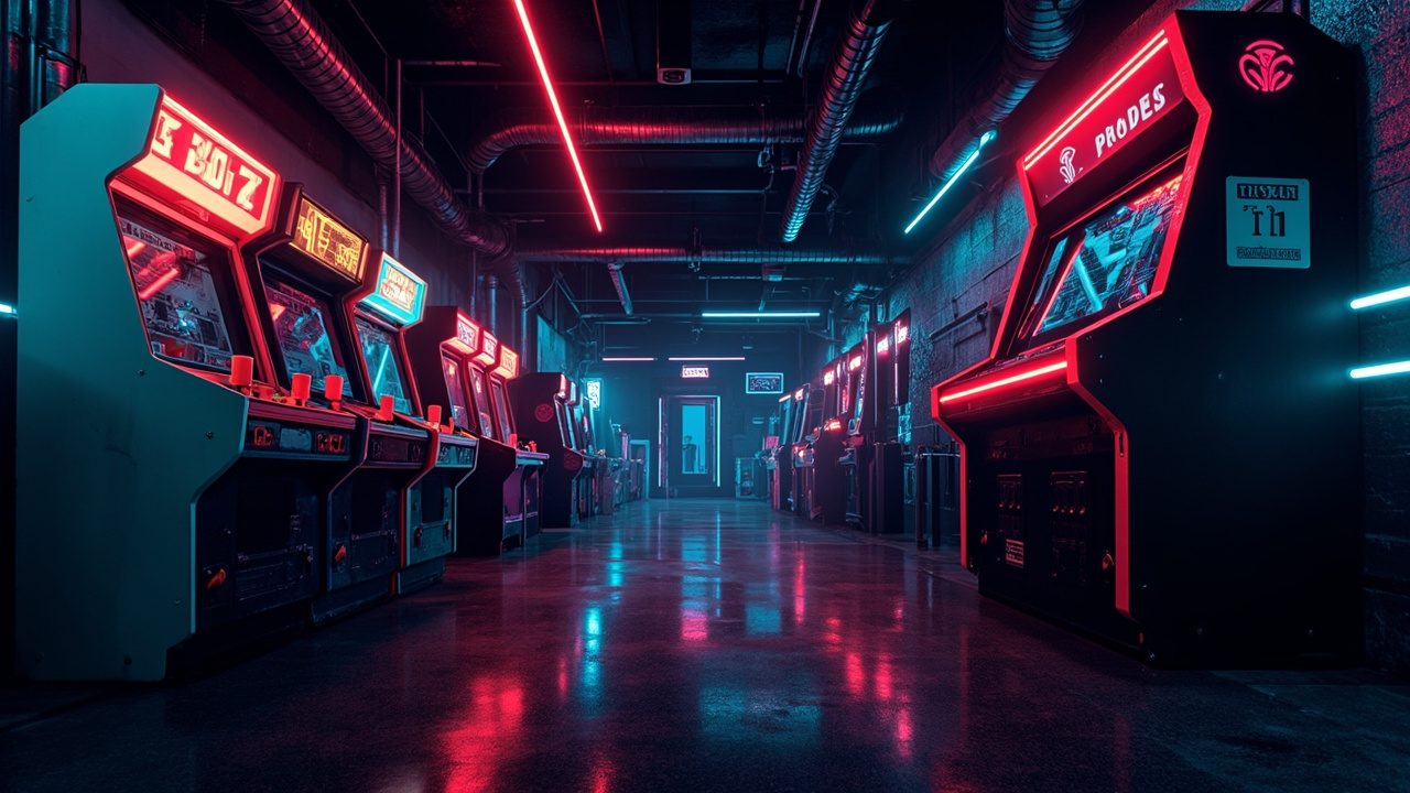 Illustration of a neon-lit retro arcade interior