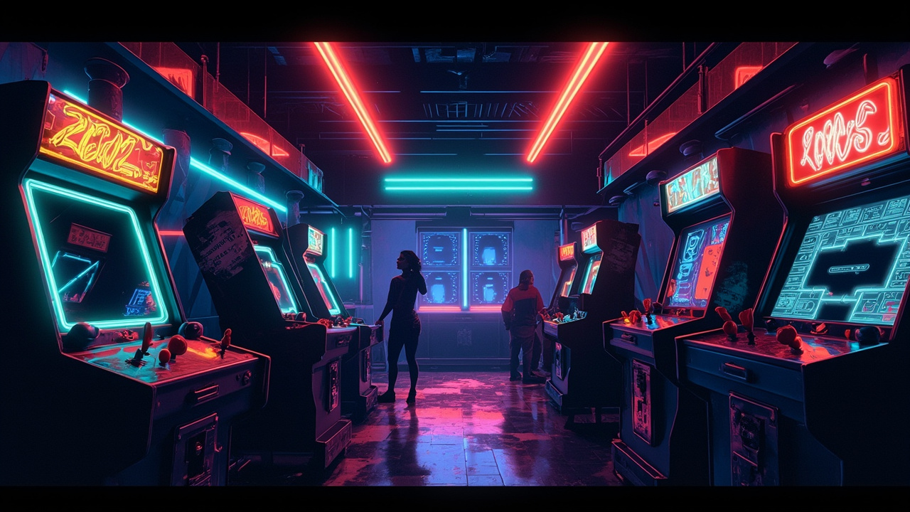 Illustration of a neon-lit retro arcade interior