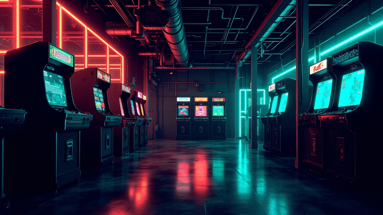 Illustration of a neon-lit retro arcade interior
