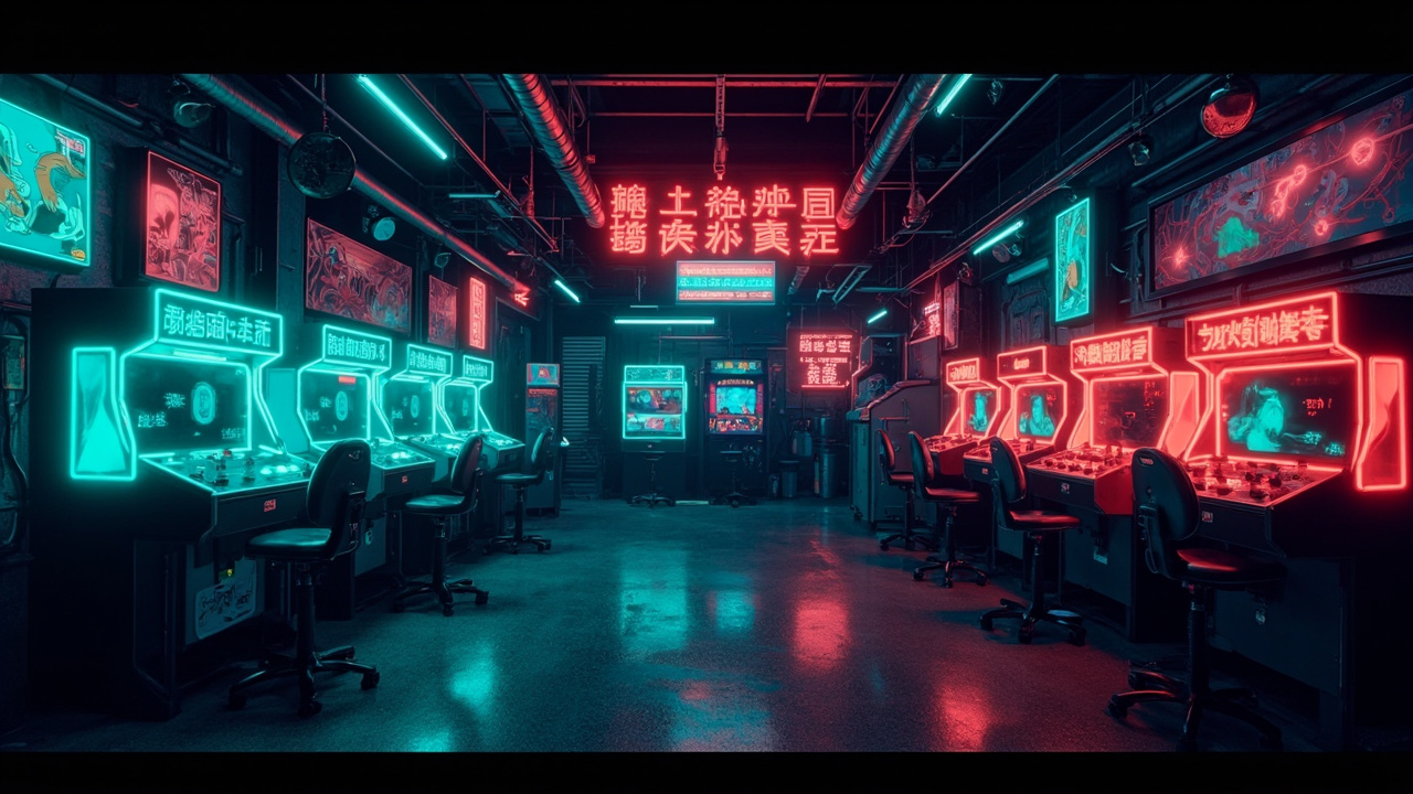 Illustration of a neon-lit retro arcade interior