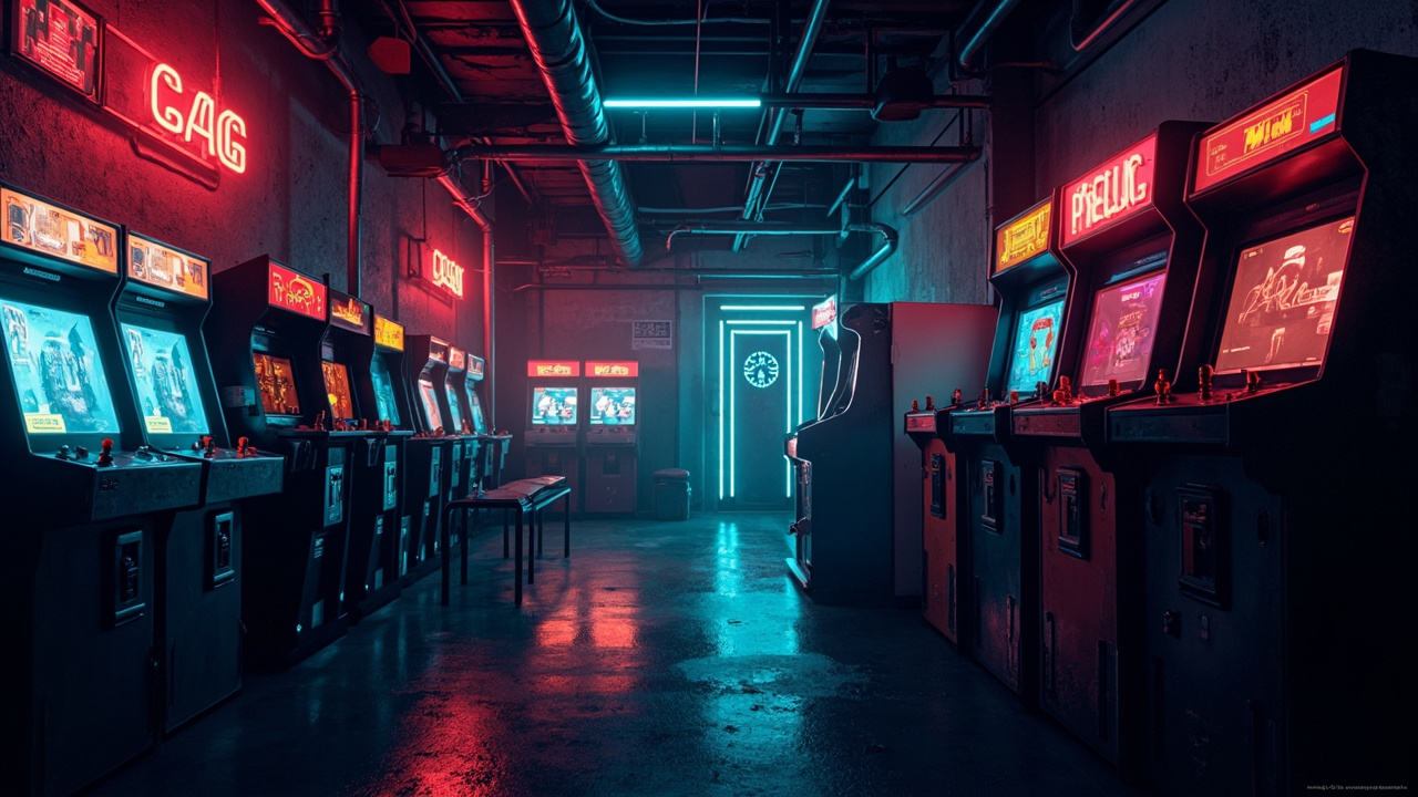 Illustration of a neon-lit retro arcade interior