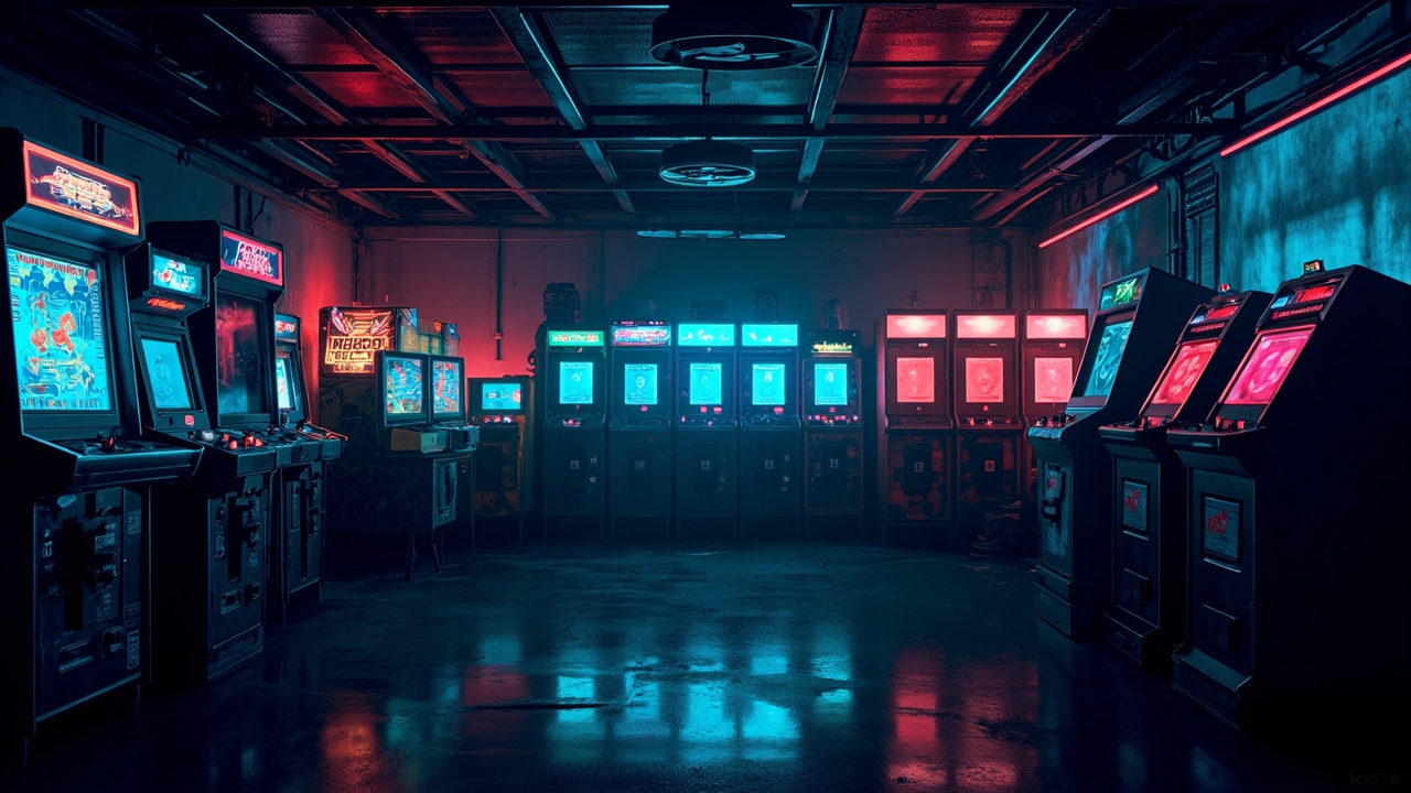 Illustration of a neon-lit retro arcade interior