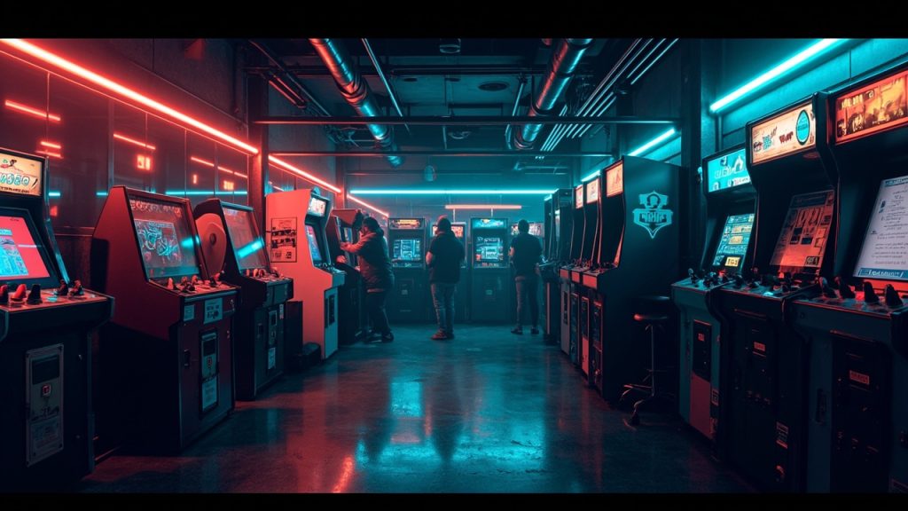 Illustration of a neon-lit retro arcade interior