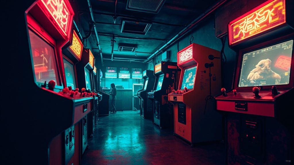 Illustration of a neon-lit retro arcade interior