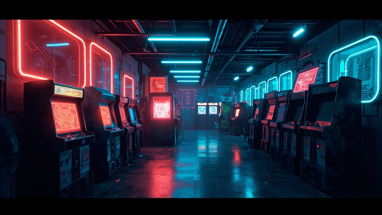 Illustration of a neon-lit retro arcade interior