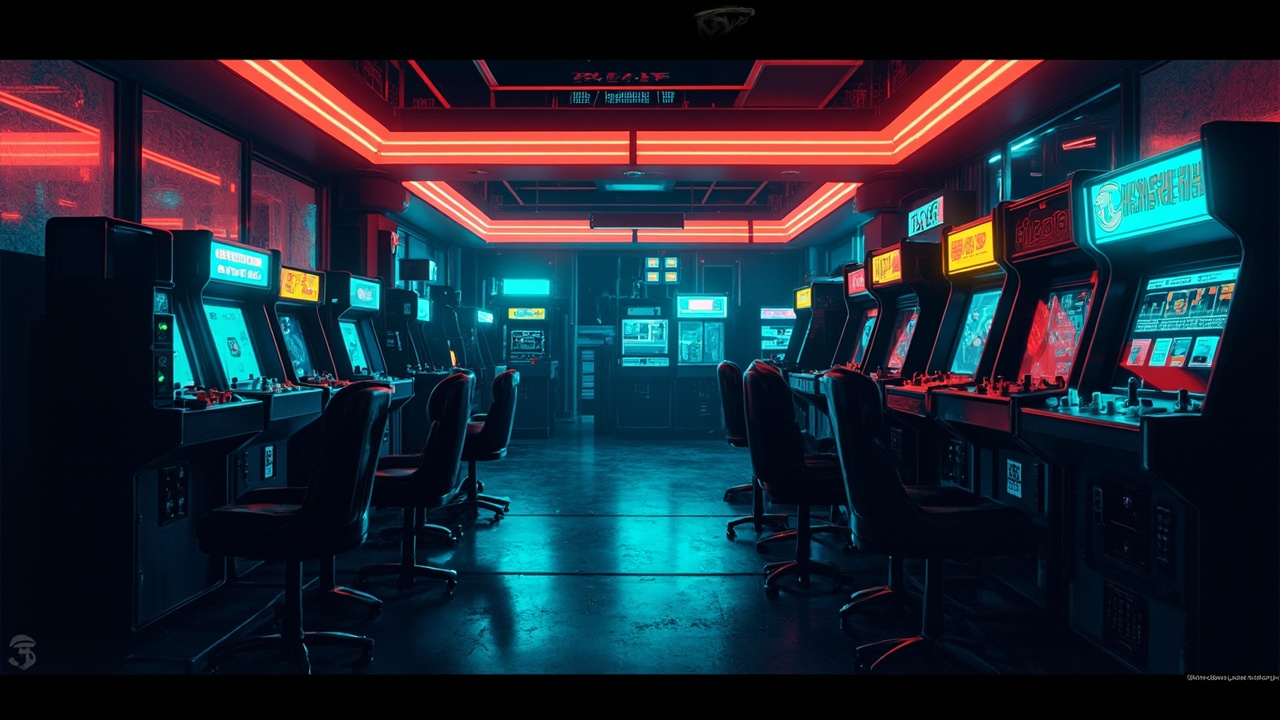 Illustration of a neon-lit retro arcade interior