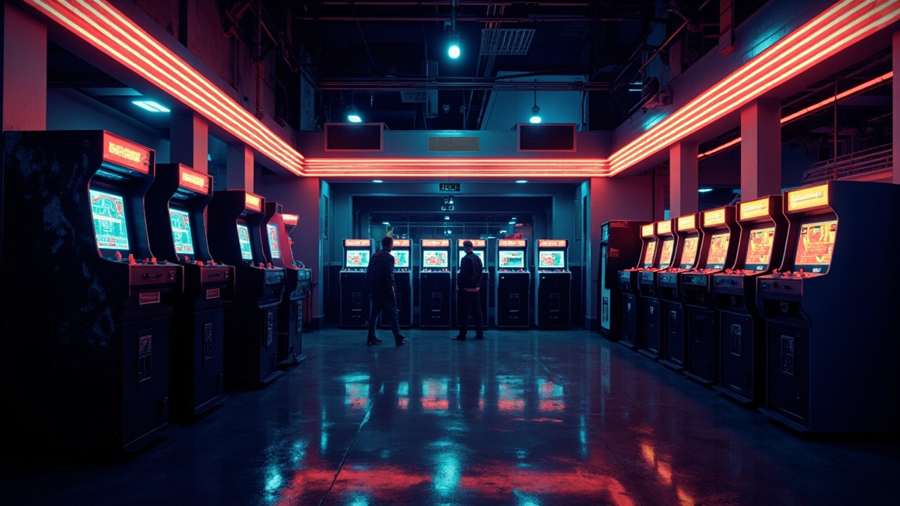 Illustration of a neon-lit retro arcade interior