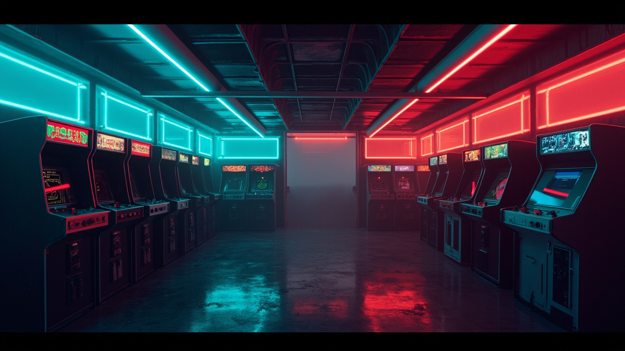 Illustration of a neon-lit retro arcade interior