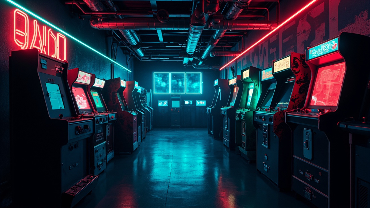 Illustration of a neon-lit retro arcade interior