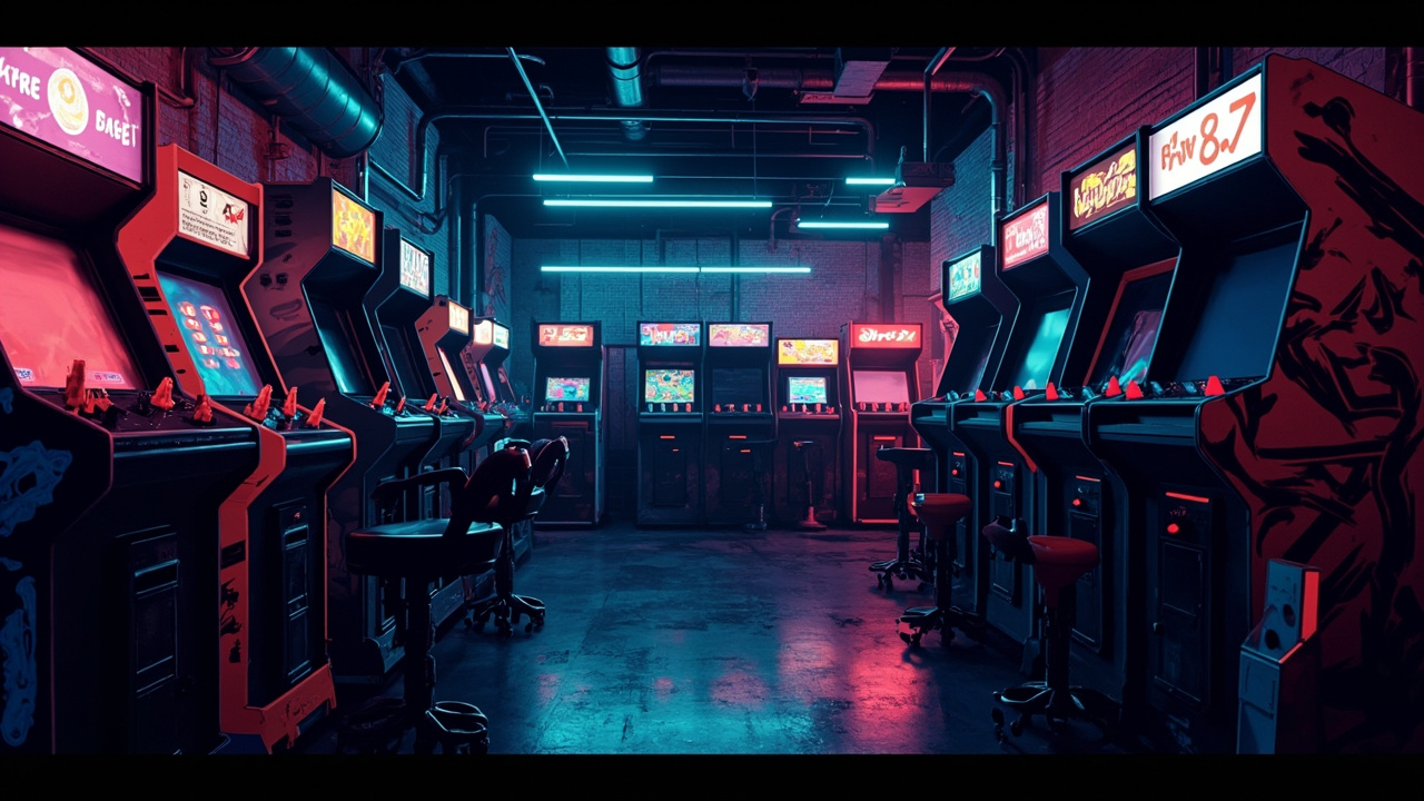 Illustration of a neon-lit retro arcade interior