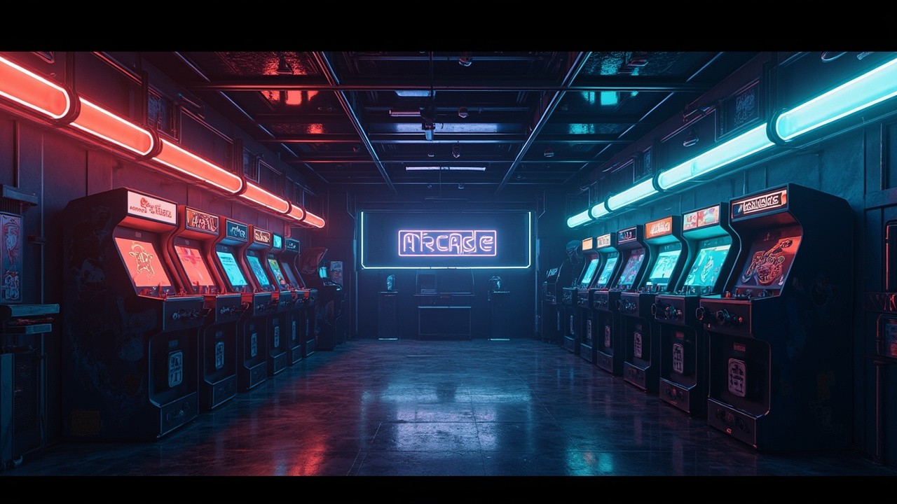 Illustration of a neon-lit retro arcade interior