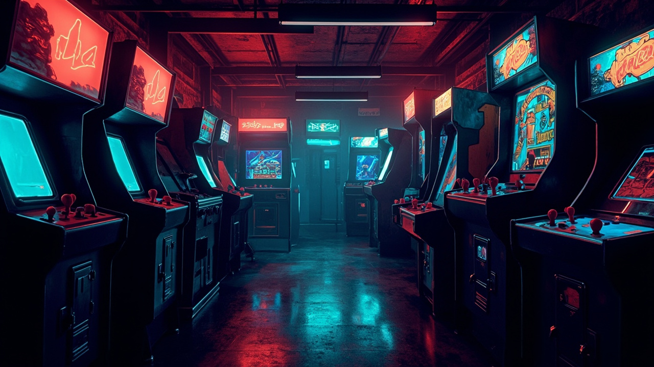 Illustration of a neon-lit retro arcade interior
