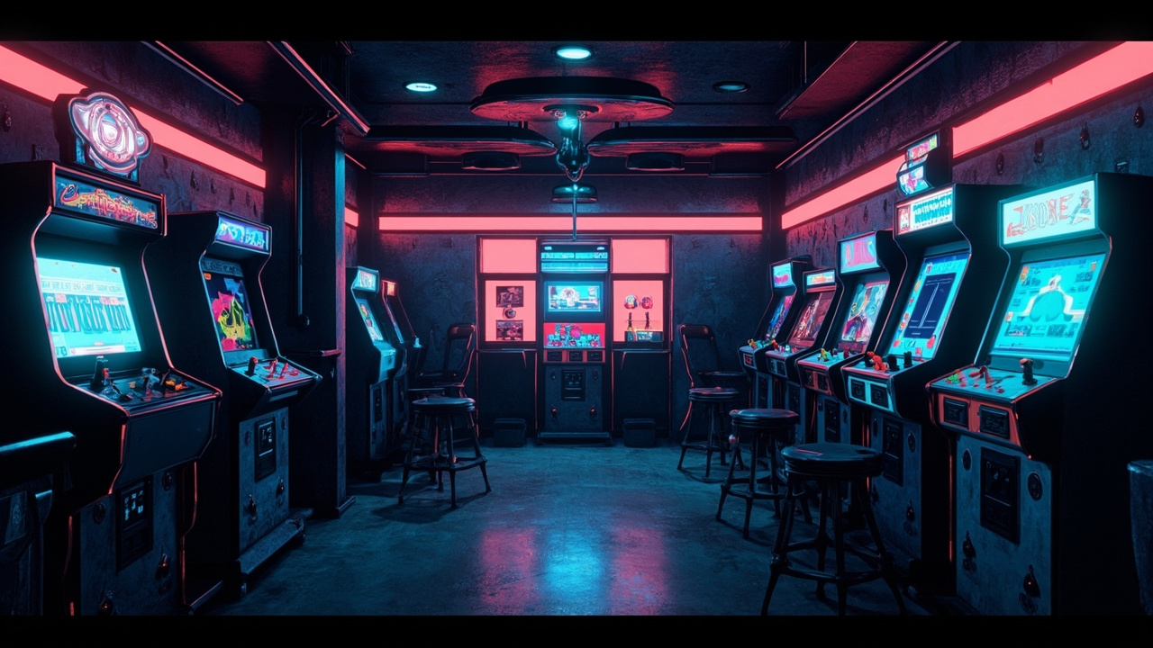 Illustration of a neon-lit retro arcade interior