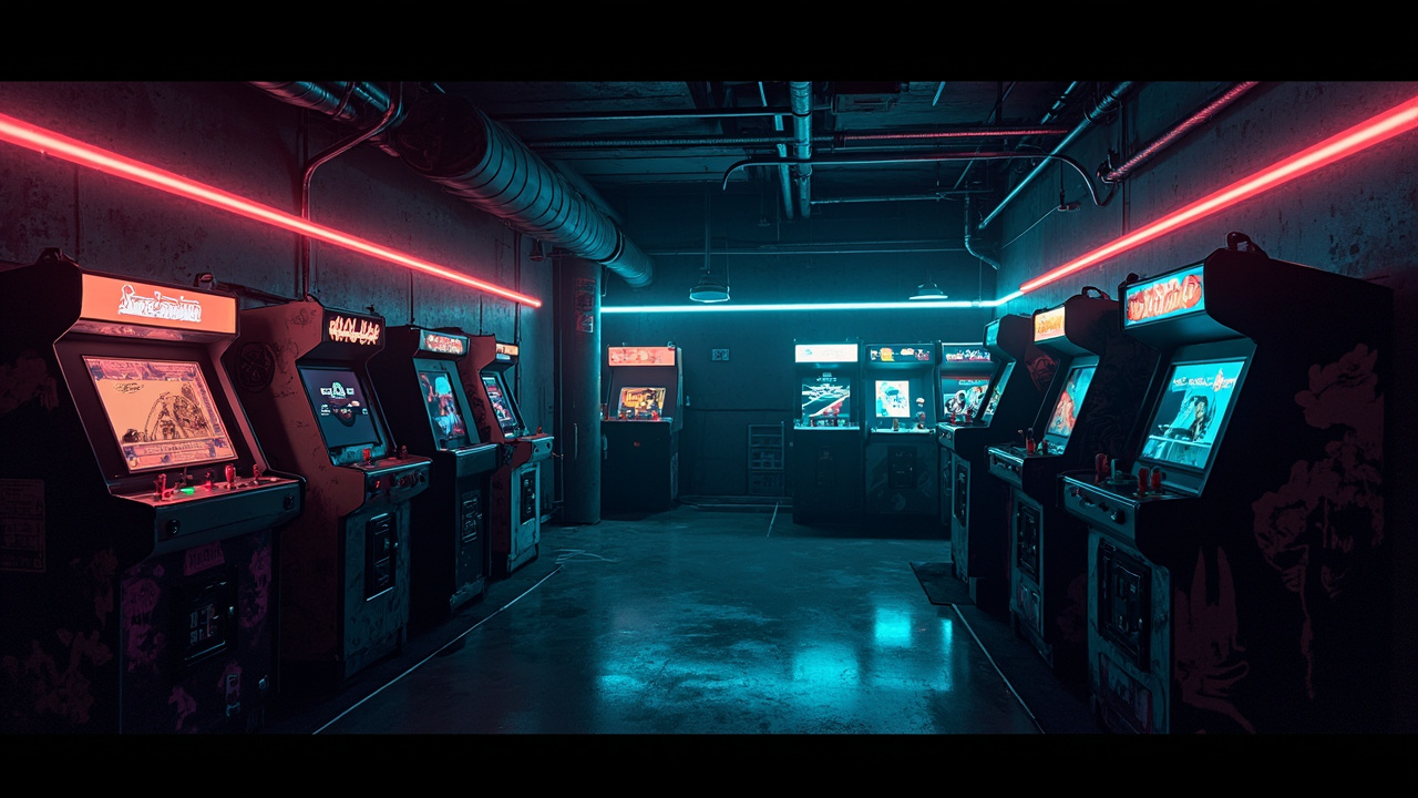 Illustration of a neon-lit retro arcade interior