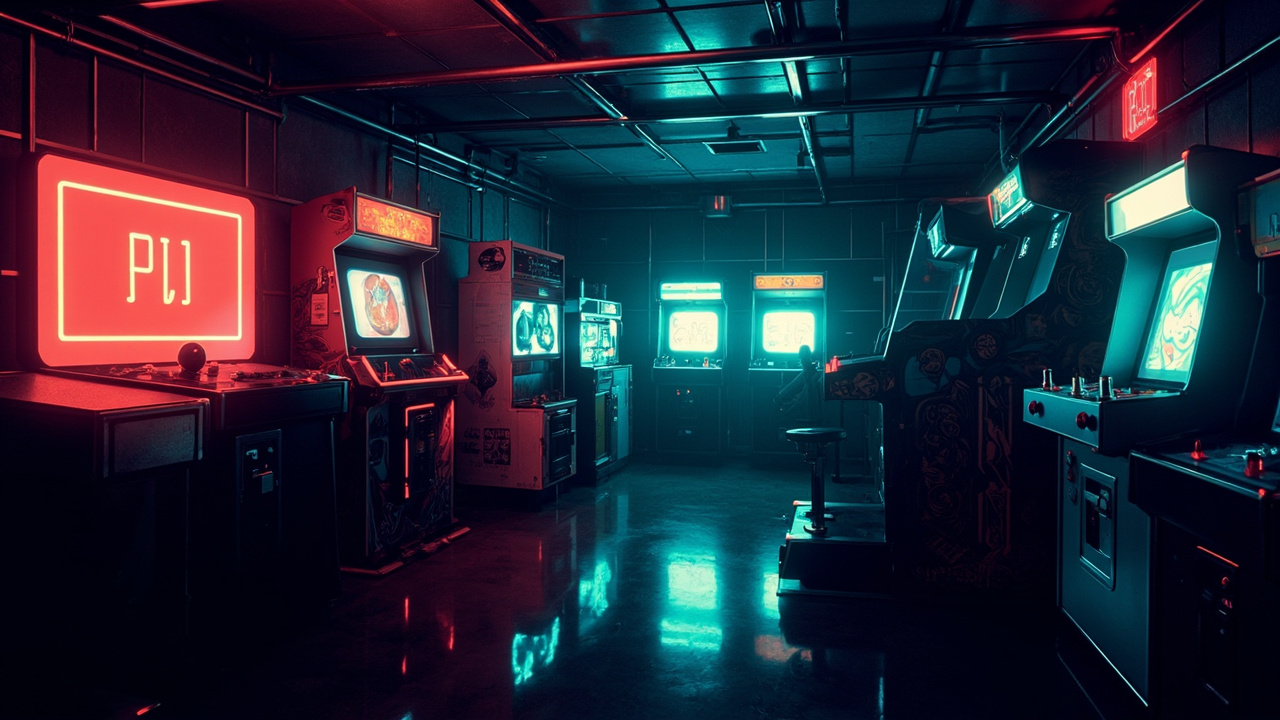 Illustration of a neon-lit retro arcade interior