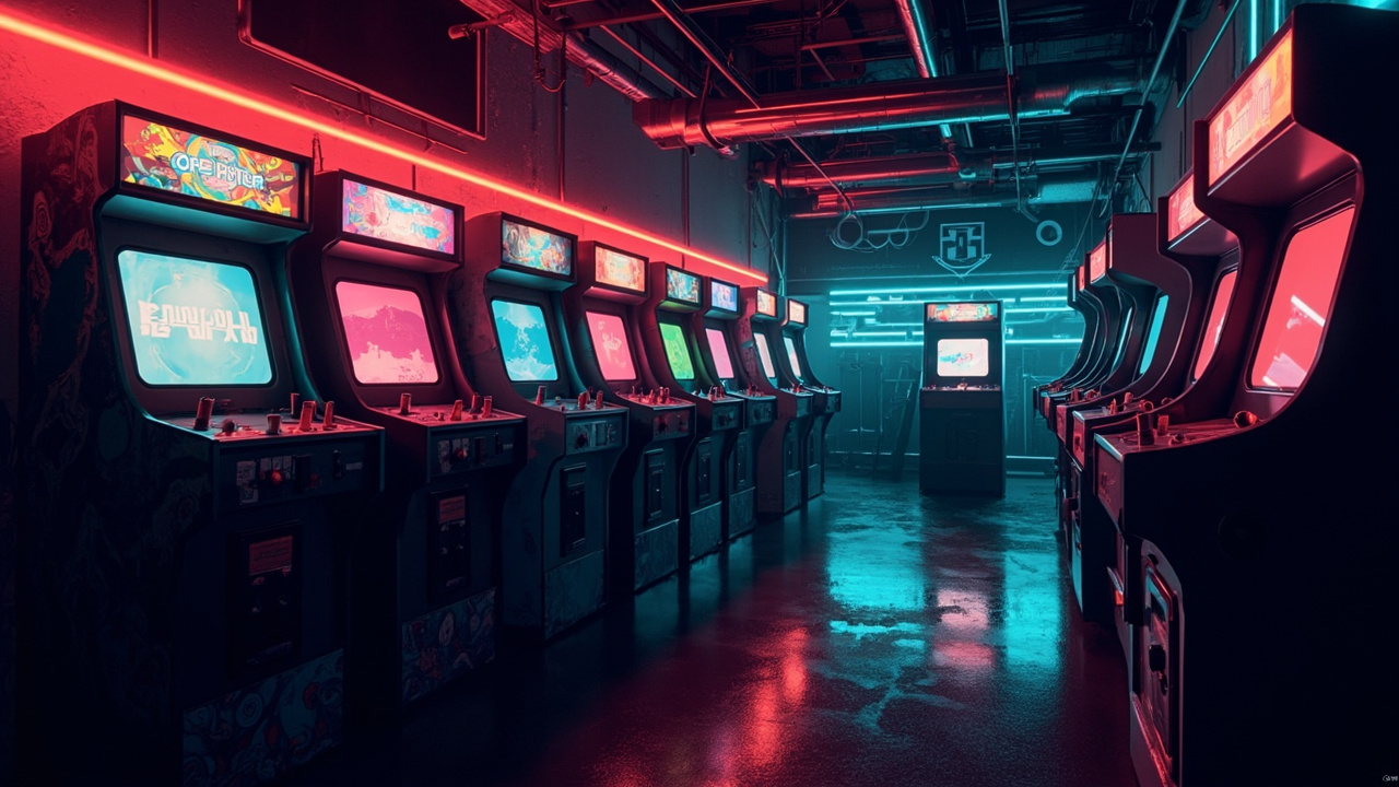 Illustration of a neon-lit retro arcade interior
