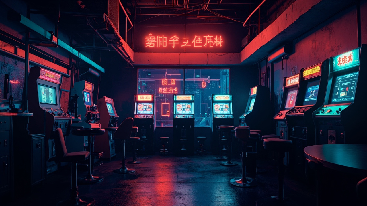 Illustration of a neon-lit retro arcade interior