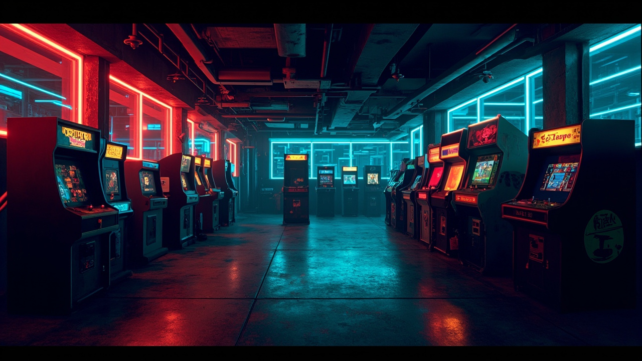 Illustration of a neon-lit retro arcade interior