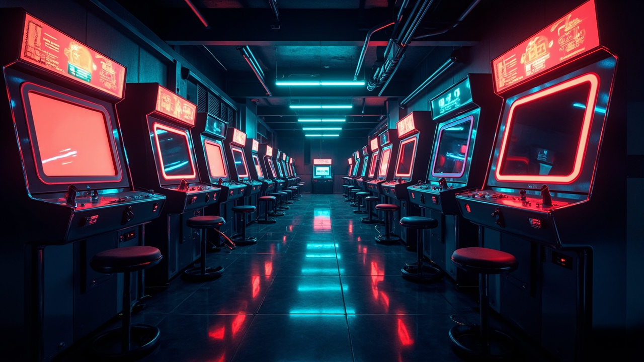 Illustration of a neon-lit retro arcade interior