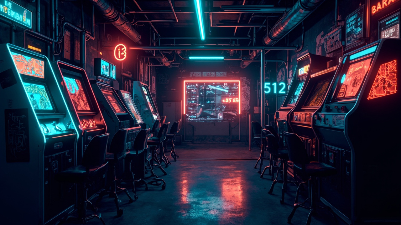Illustration of a neon-lit retro arcade interior