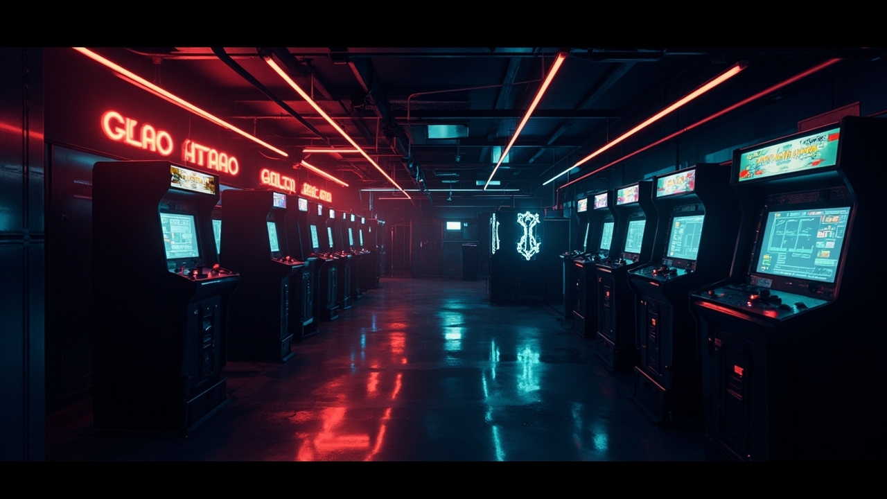 Illustration of a neon-lit retro arcade interior