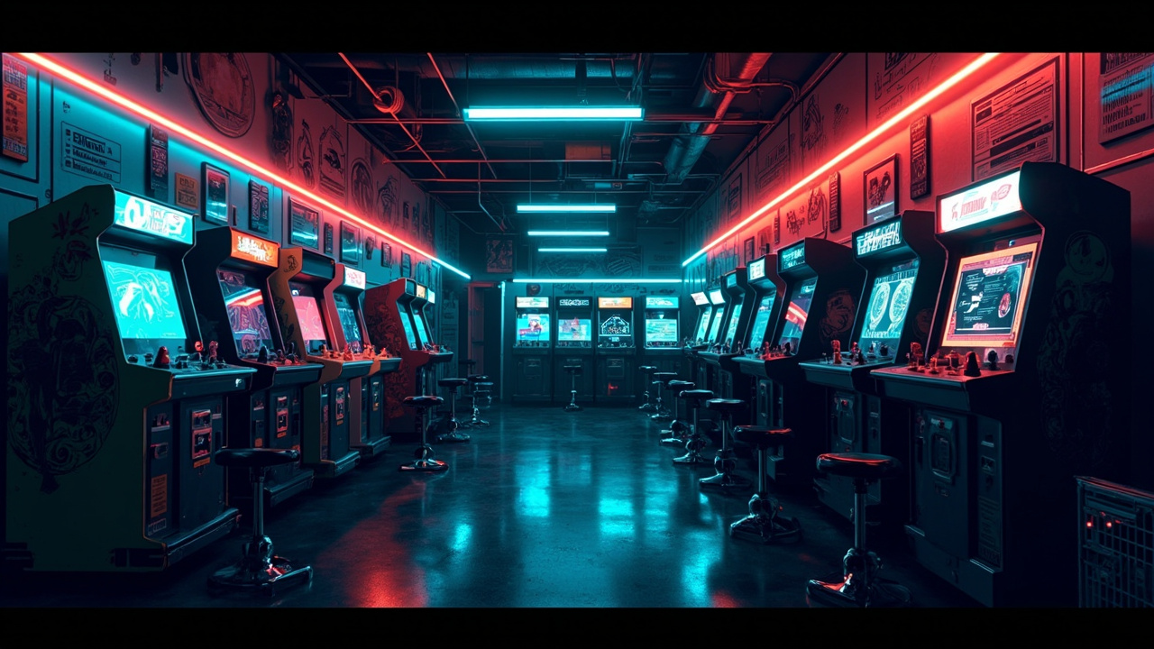 Illustration of a neon-lit retro arcade interior