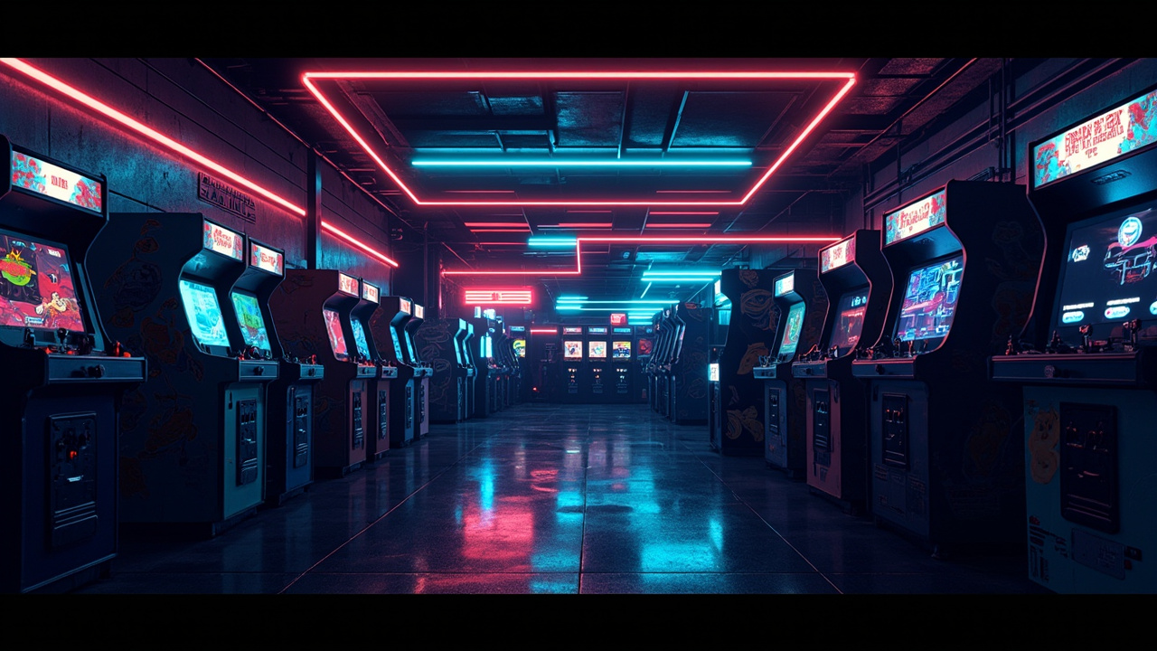 Illustration of a neon-lit retro arcade interior
