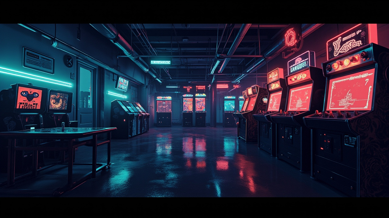 Illustration of a neon-lit retro arcade interior