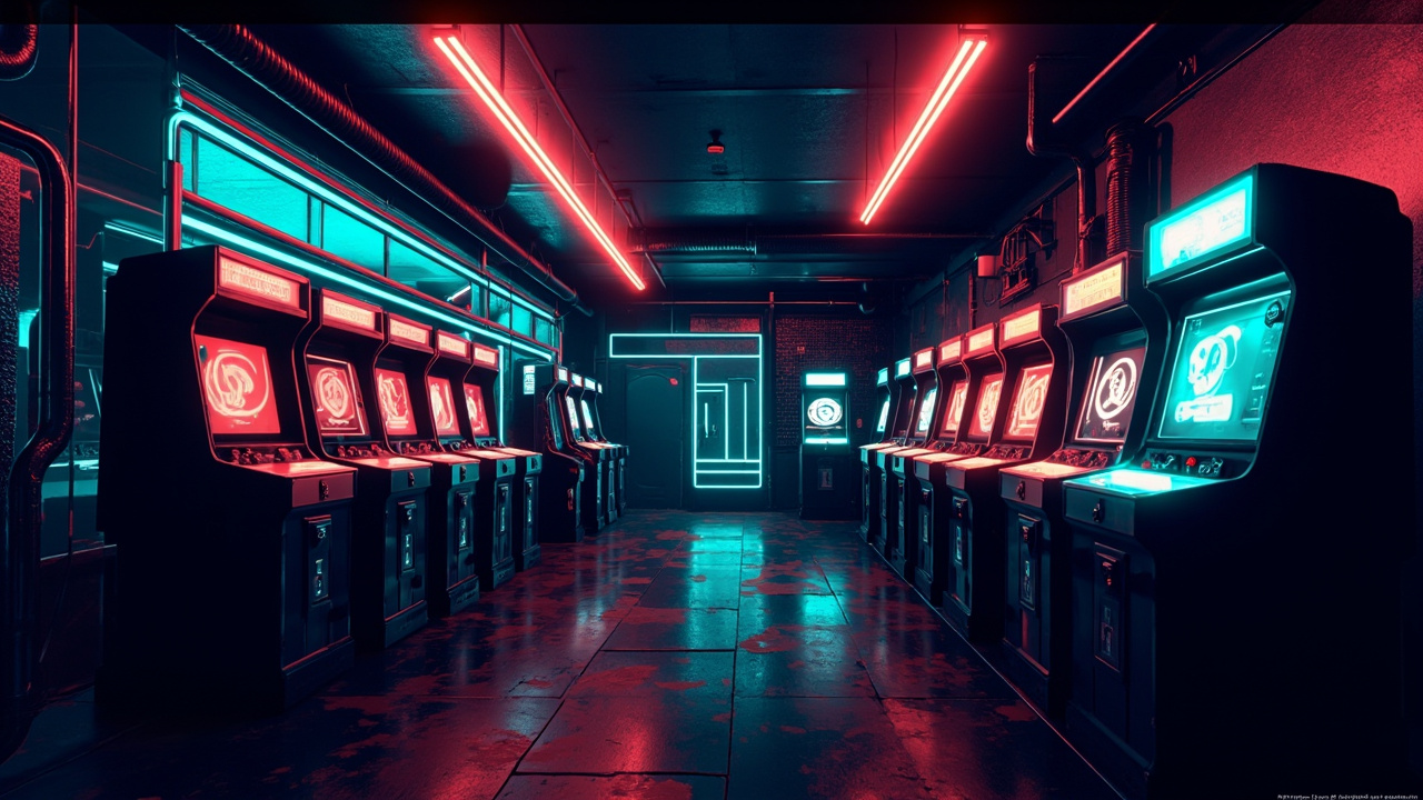Illustration of a neon-lit retro arcade interior