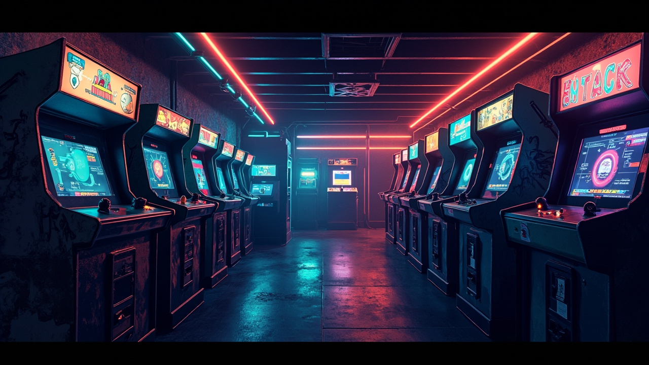 Illustration of a neon-lit retro arcade interior