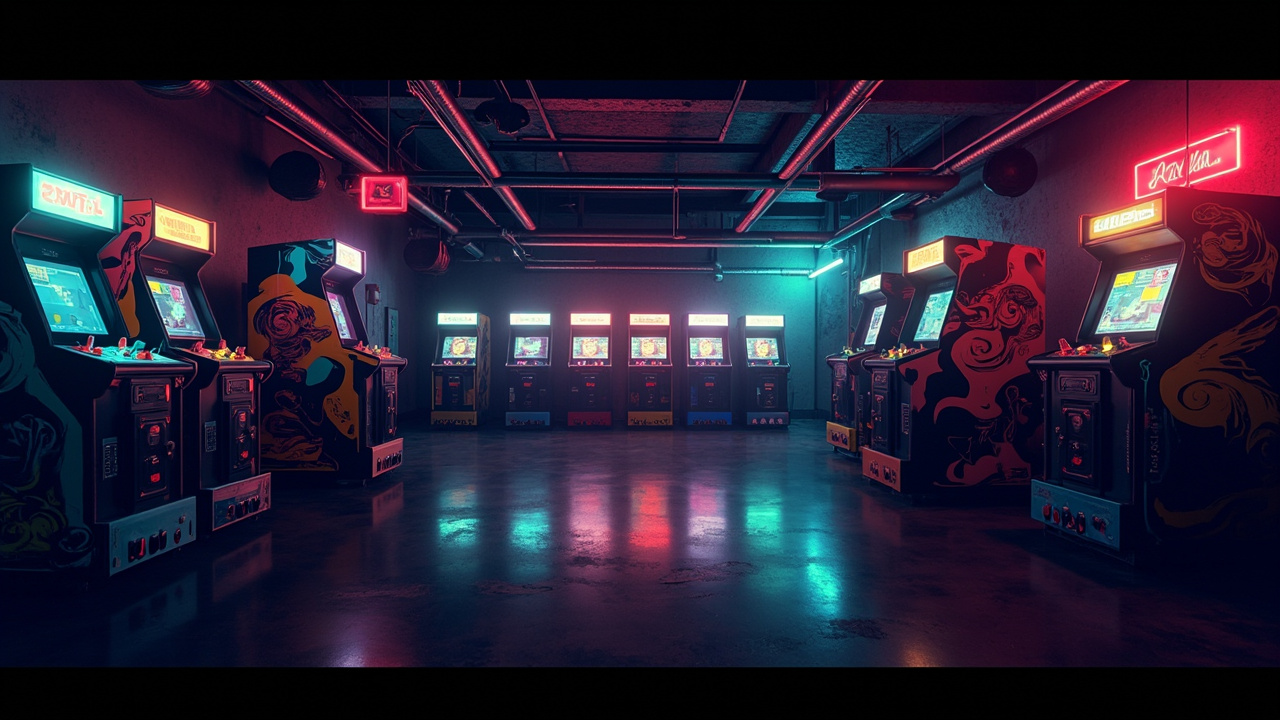 Illustration of a neon-lit retro arcade interior