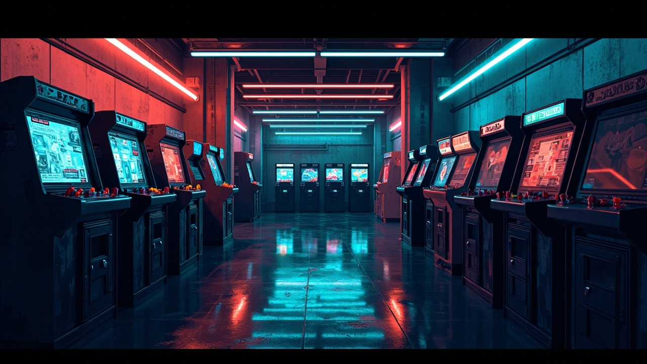Illustration of a neon-lit retro arcade interior