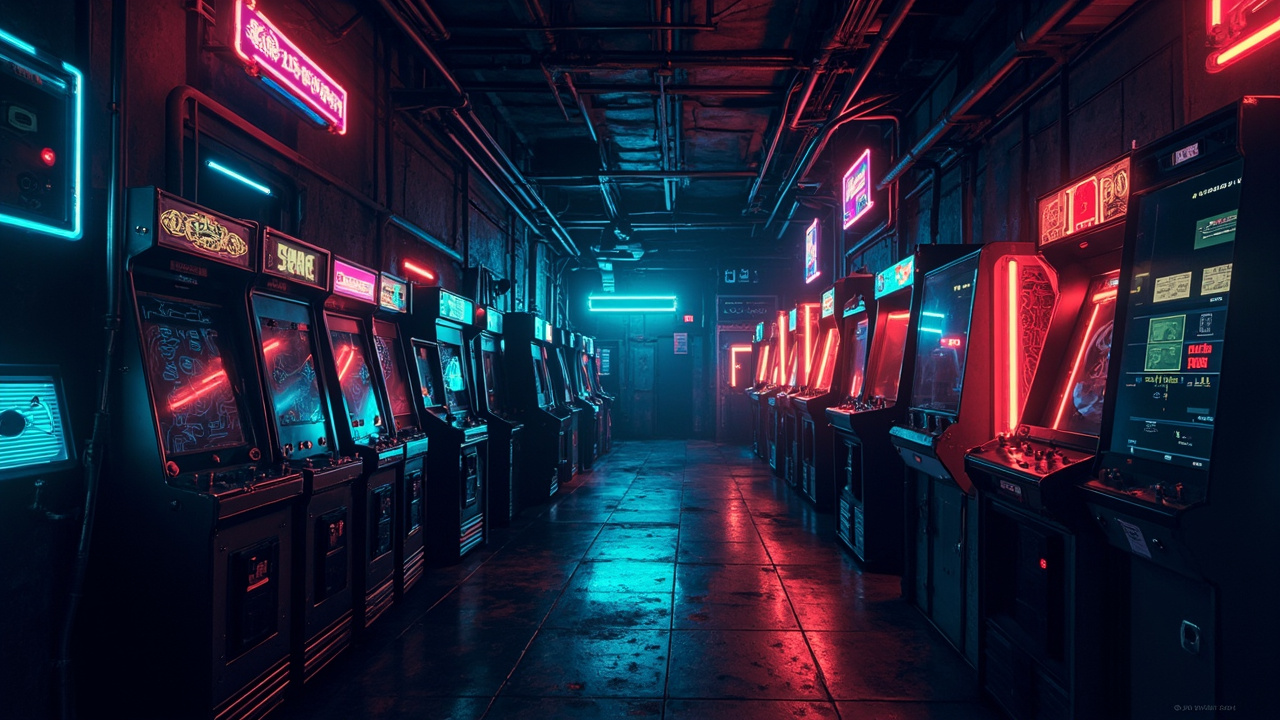 Illustration of a neon-lit retro arcade interior
