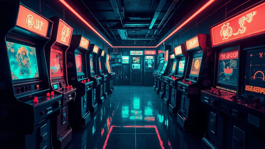 Illustration of a neon-lit retro arcade interior