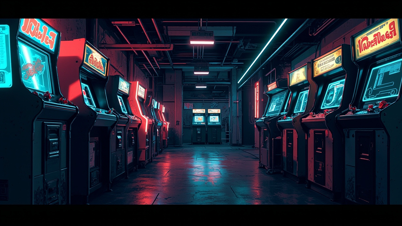 Illustration of a neon-lit retro arcade interior