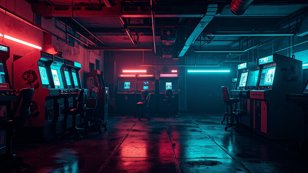 Illustration of a neon-lit retro arcade interior