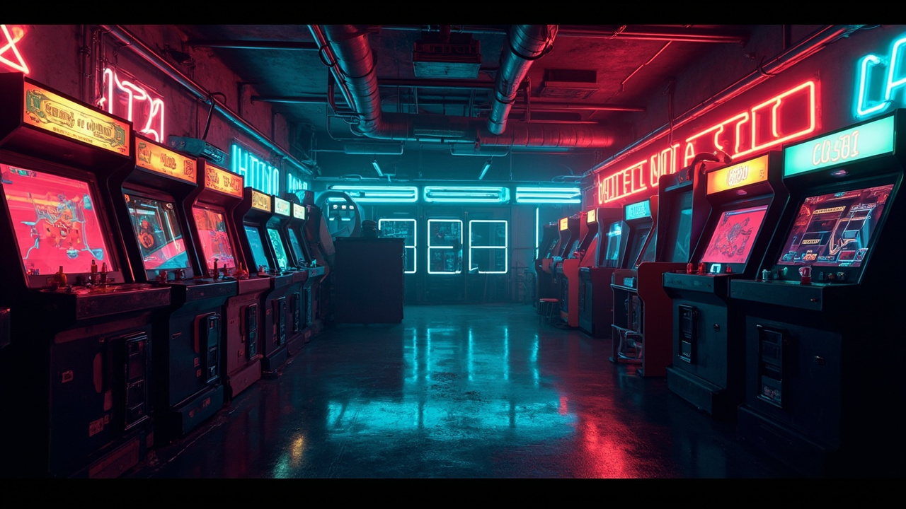Illustration of a neon-lit retro arcade interior