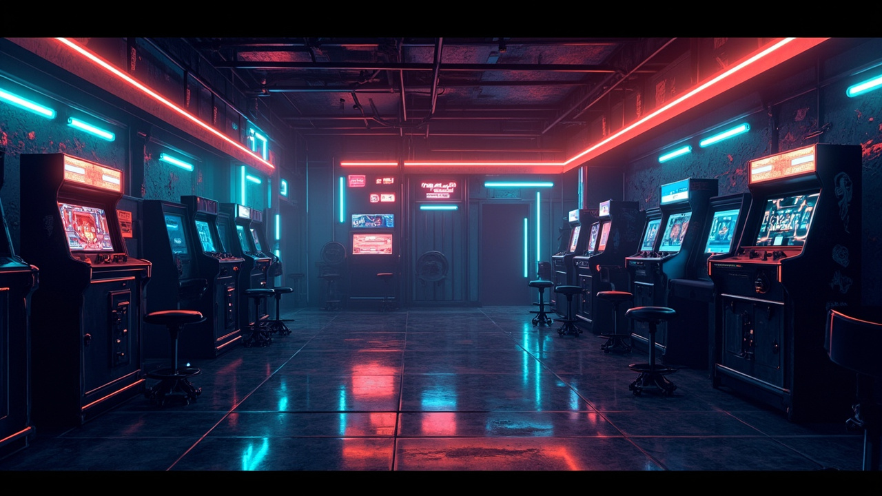Illustration of a neon-lit retro arcade interior