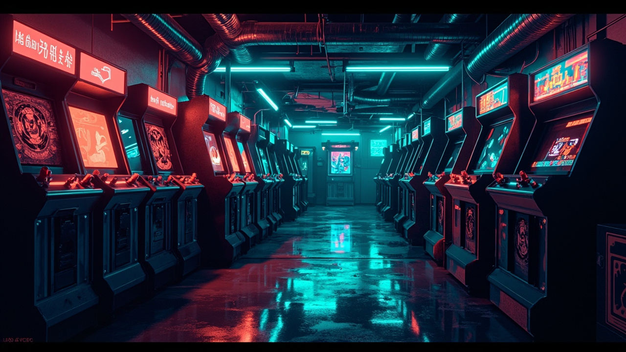 Illustration of a neon-lit retro arcade interior