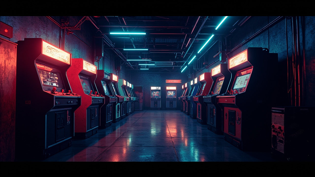 Illustration of a neon-lit retro arcade interior