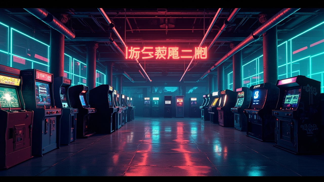 Illustration of a neon-lit retro arcade interior
