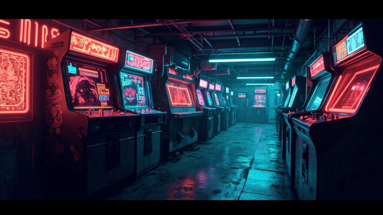 Illustration of a neon-lit retro arcade interior
