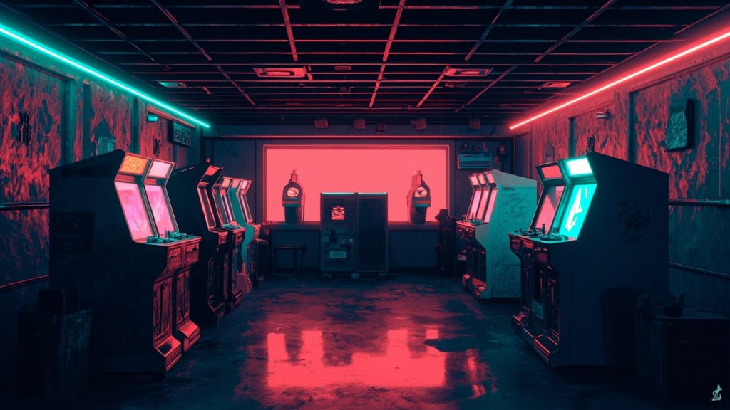 Illustration of a neon-lit retro arcade interior