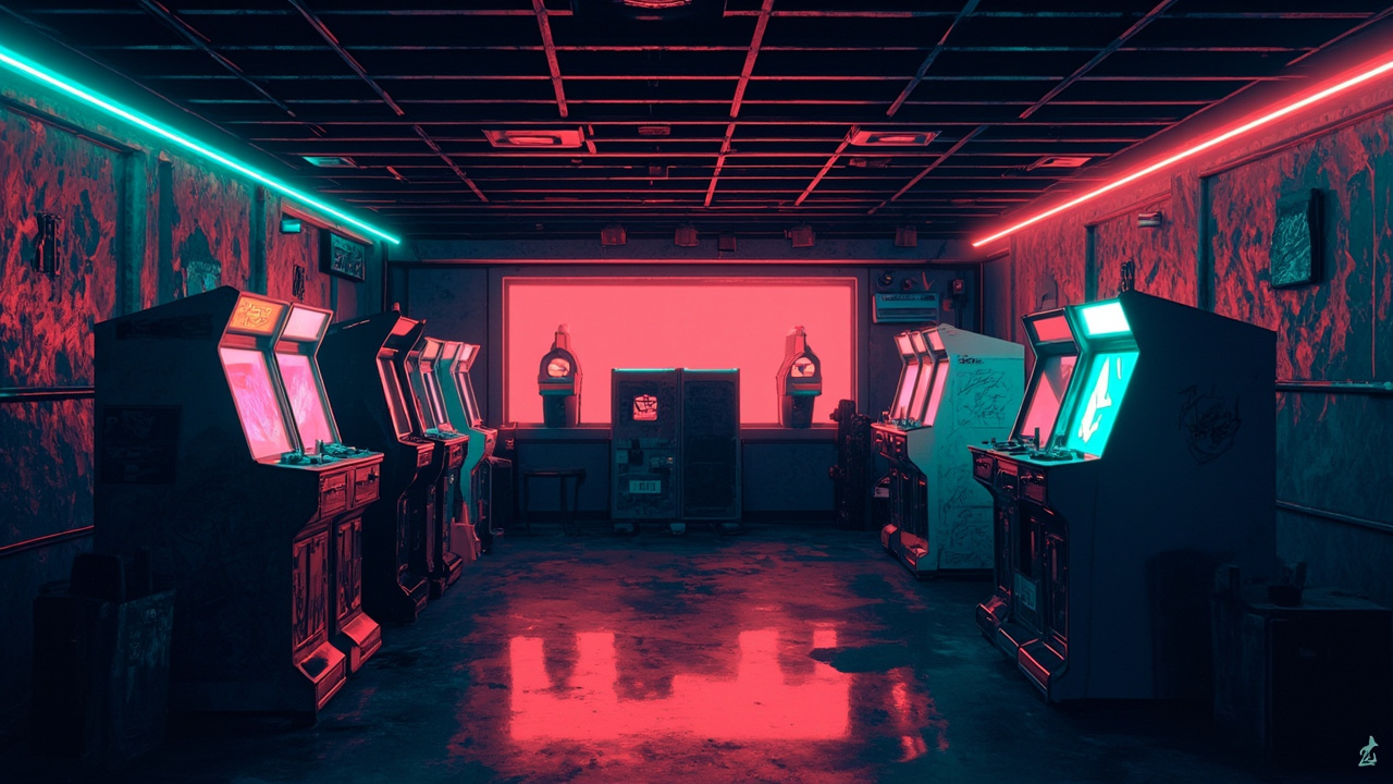 Illustration of a neon-lit retro arcade interior