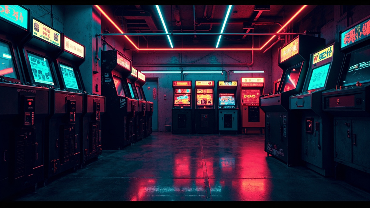 Illustration of a neon-lit retro arcade interior